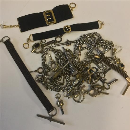 Collection of watch-related items, inc 2 watch key fob seals, keys, silver Albert, 4 various watch suspensions (two gold-mounted), etc